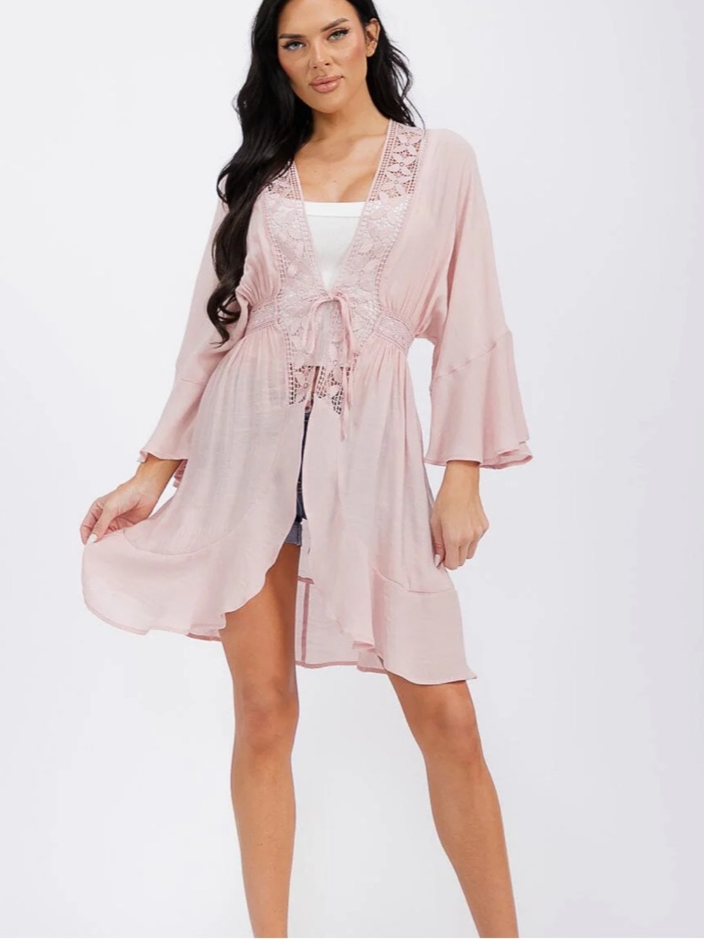 55TT.New Light Pink Lace-Trim Kimono Robe